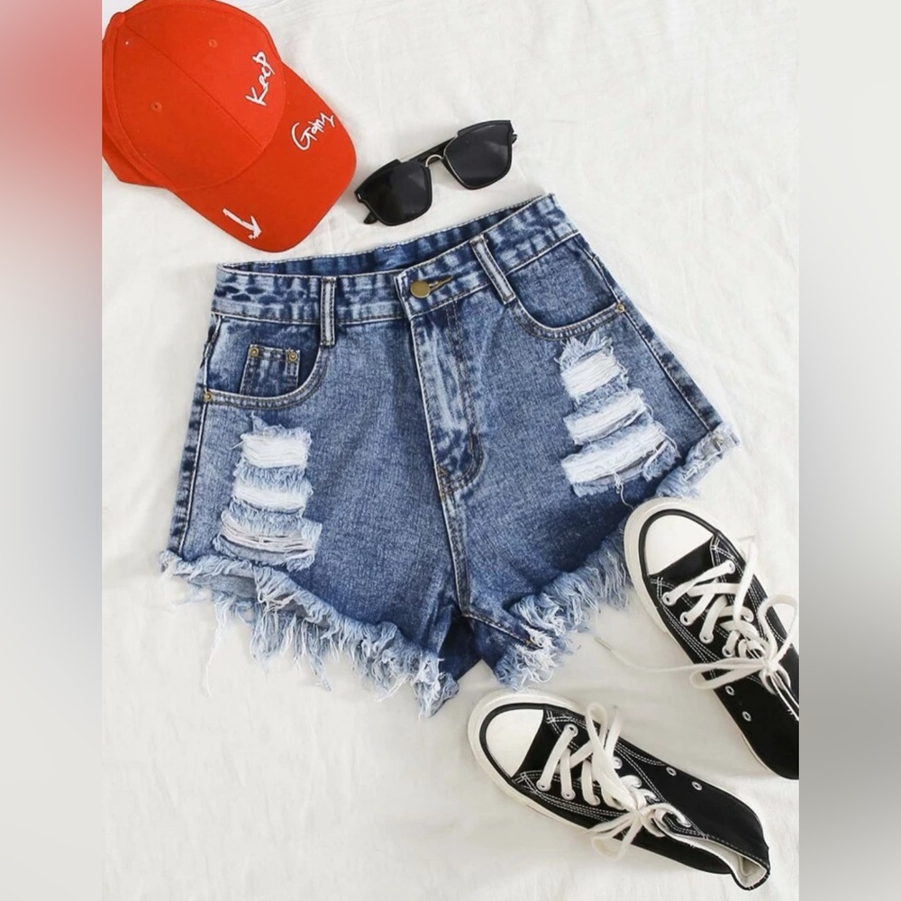 Raw Hemmed Ripped Denim Shorts
